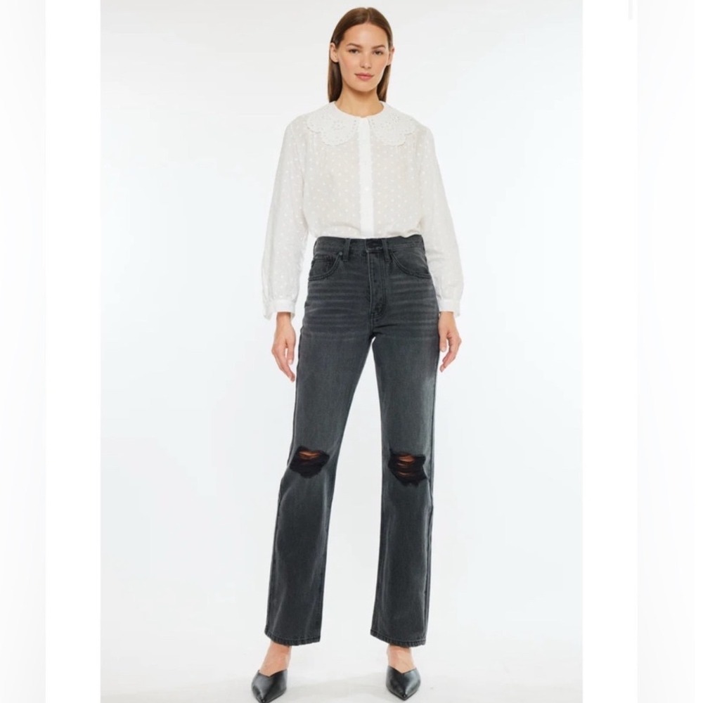 KanCan 90s Boyfriend Distressed High Rise Jeans Washed Black 13/30 KC7374BK
